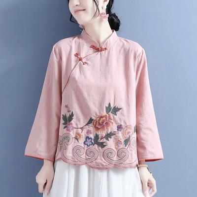 Chinese Style Embroidered Cotton Linen Shirts Spring Summer Retro Buttoned Long-sleeved Stand-up Collar Clothes Loose Tops
