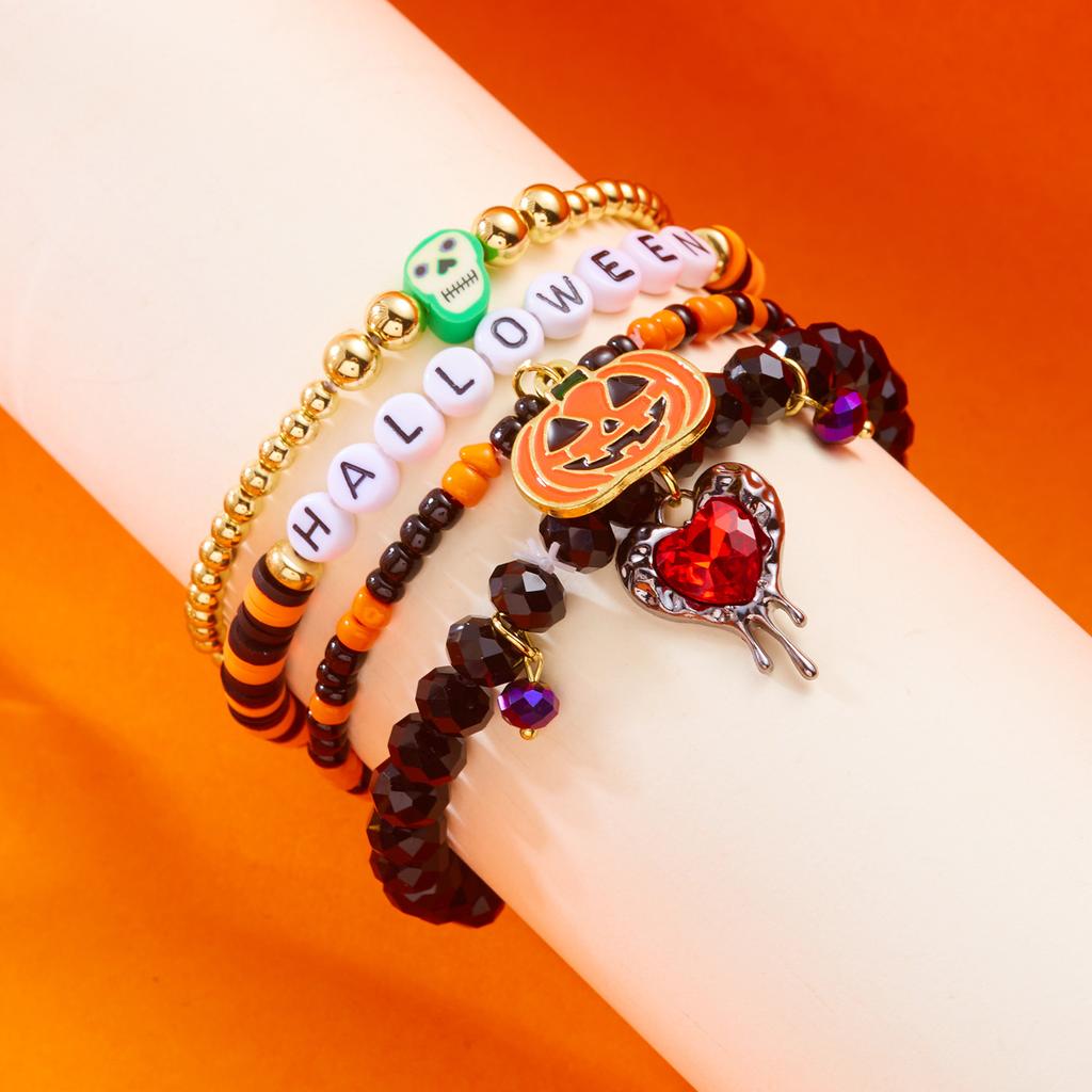 Halloween Gothic Skull Bat Bracelets for Women Handmade Polymer Clay Beaded Pumpkin Pendant Bracelet Party Jewelry Accessories