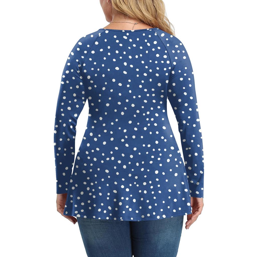 Women's Plus Size Shirt Long Sleeve  Print Top Pleated Casual V-Neck Top