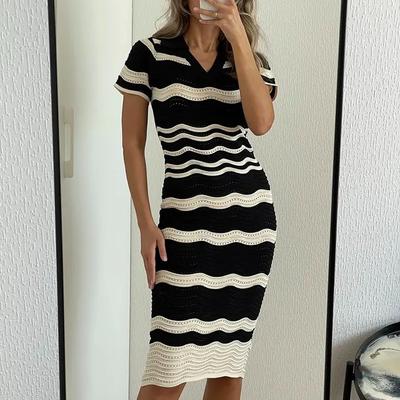 Kısa Kollu Çizgili Uzun Elbise Yaka Boyun Oyuklu İnce Vücuda Oturan Yazlık Elbise Moda Hotsweet Örgü Plaj Midi Elbise