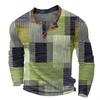 Men's New Long Sleeve T-Shirt 3D Printed Patchwork Color Casual Fashion Open Front 3 Button T-Shirt