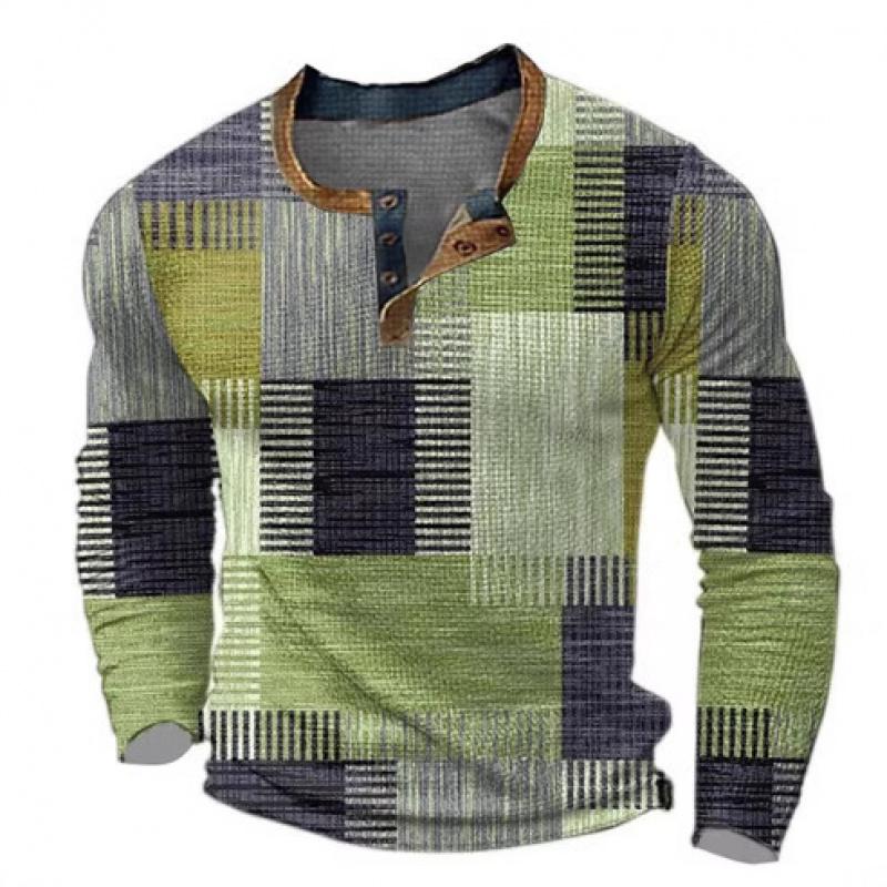 Men's New Long Sleeve T-Shirt 3D Printed Patchwork Color Casual Fashion Open Front 3 Button T-Shirt