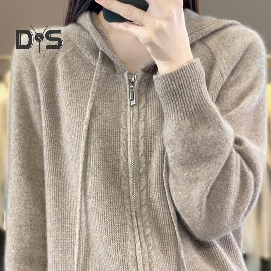 Women Sweater Coat Hooded Drawstring Long Sleeve Double Zippers Knitting Coat Solid Color Loose Fit Jacquard Outwear