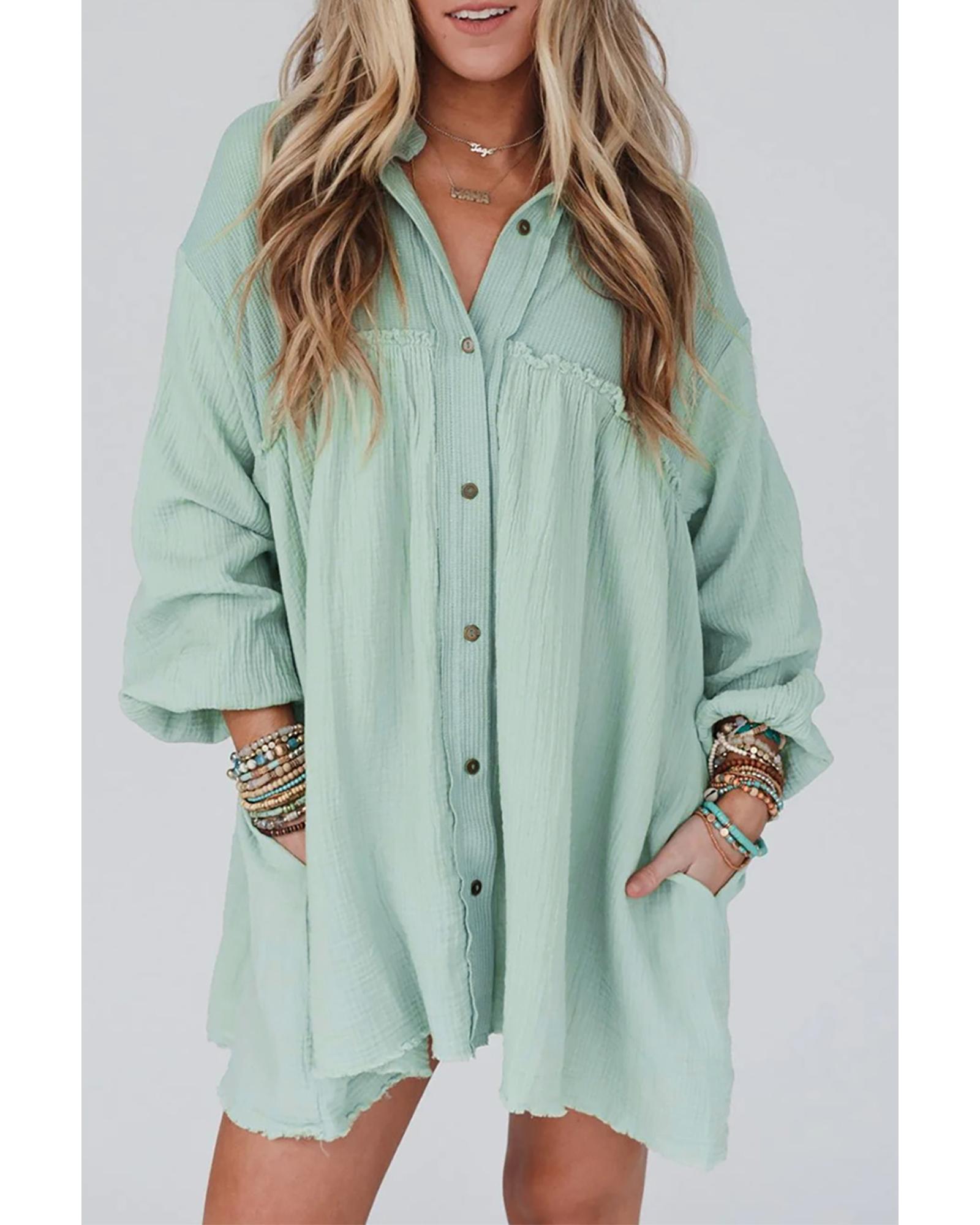 

Azura Exchange Green Patchwork Crinkle Puff Sleeve Shirt Dress M зелений