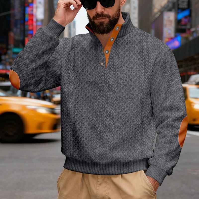 

European Men s Retro Color Block Jacquard Stand Collar Loose Casual Pullover Hoodie XXX-Large темно-сірий