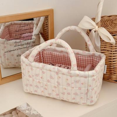 YT Floral Quilted Storage Basket, Soft and Large Capacity, Portable Makeup Bag, Desktop Cosmetic Organizer for Multiple Scenario