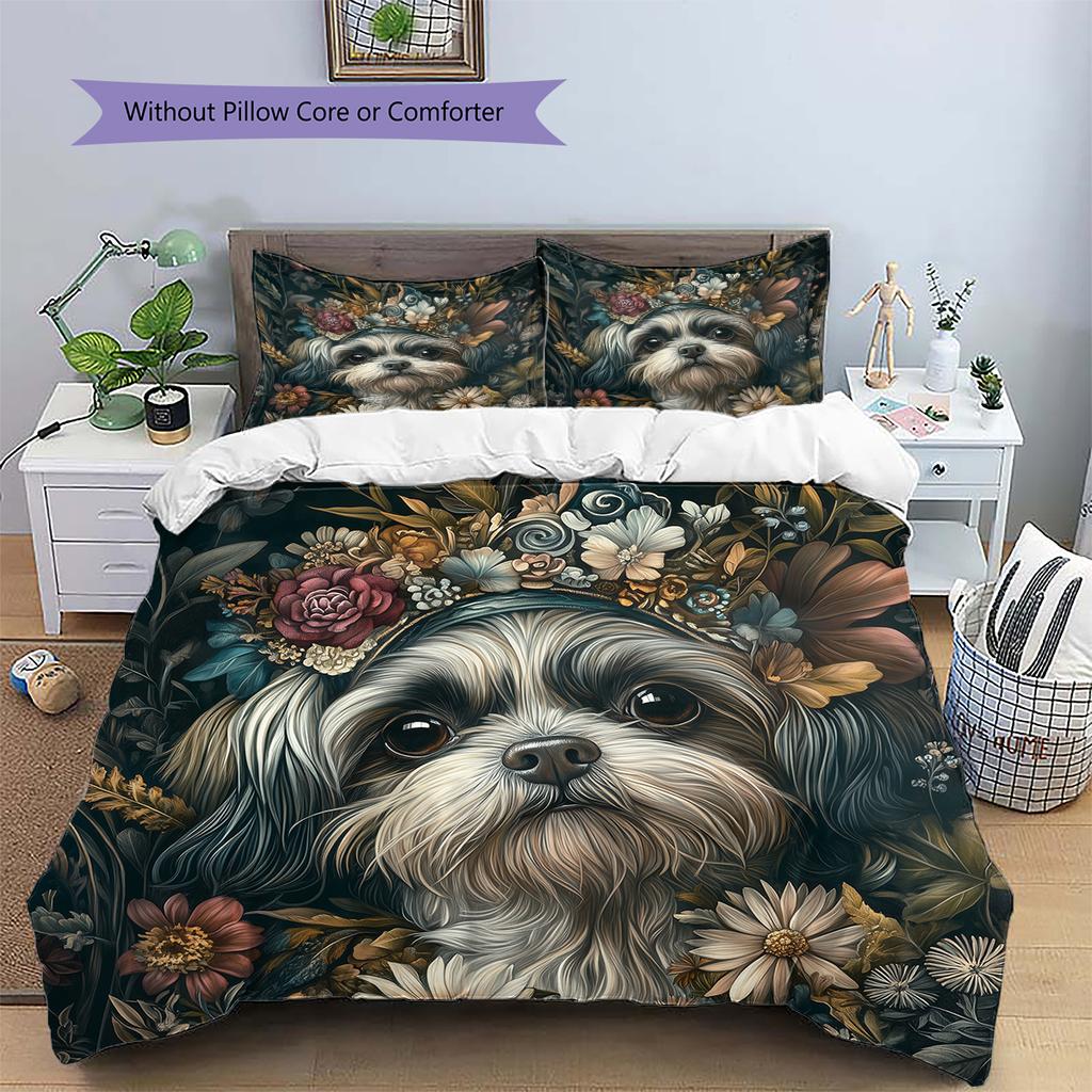 Vintage Shih Tzu Pattern Bedding Home Decoration Birthday Gift (1 * Duvet Cover + 2 * Pillowcase, Without Core)