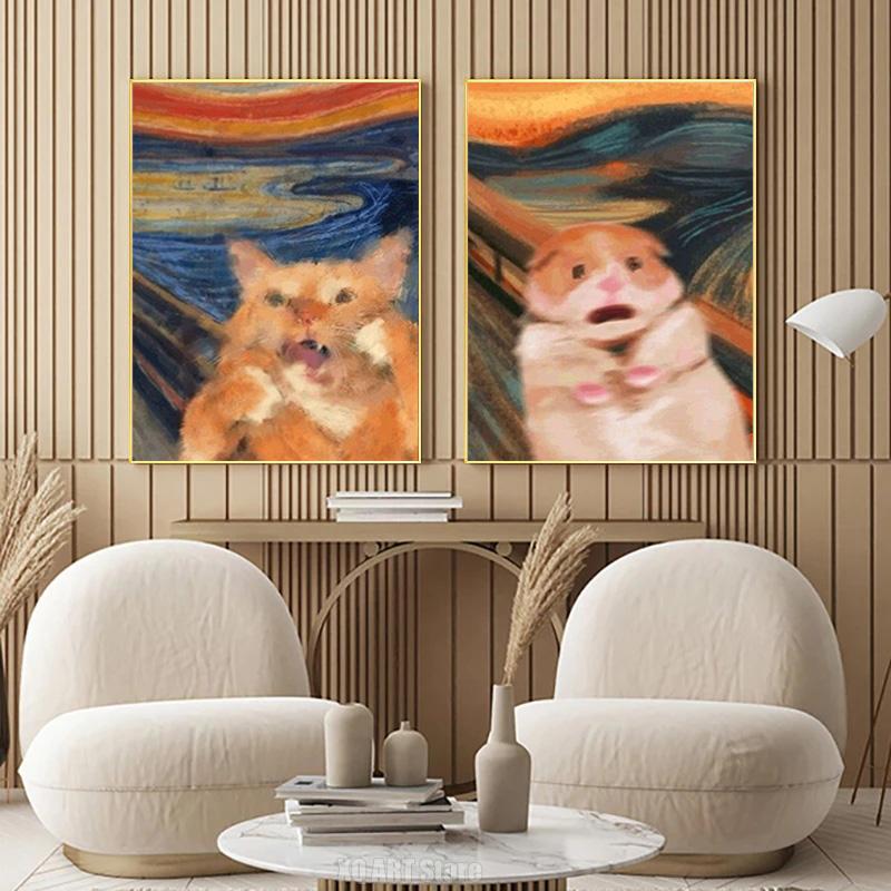 Famous Canvas Paintings Munch Skrik Funny Cat Animal Posters Prints Wall Art HD Pictures for Living Room Wall Decoration Cuadros