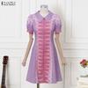 ZANZEA Women Casual Doll Collar Short Sleeve Ethnic Print Dress