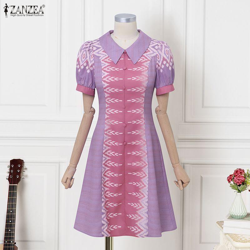 ZANZEA Women Casual Doll Collar Short Sleeve Ethnic Print Dress