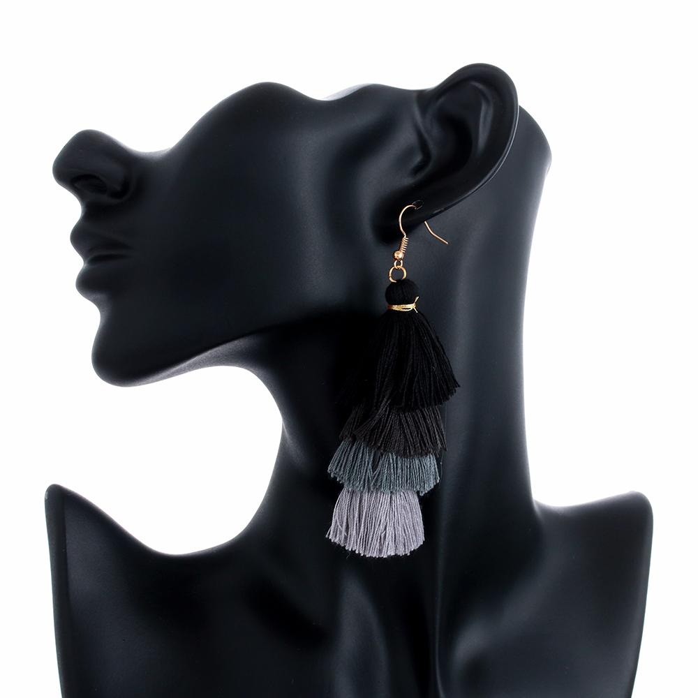 Ear Stud Silk Fabric Gradient Long Tassel Earrings Dangle Drop Earrings Multilayer Drop Bohemian