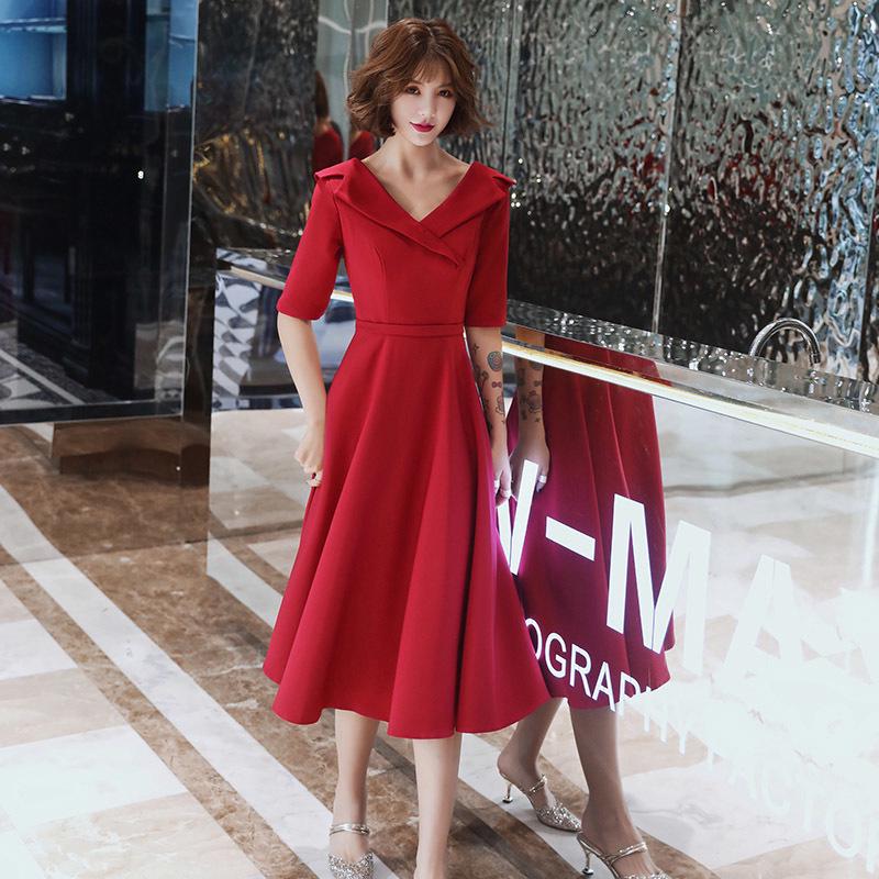 Autumn Red Wedding & Engagement Dress: Elegant Toast Dress for Brides