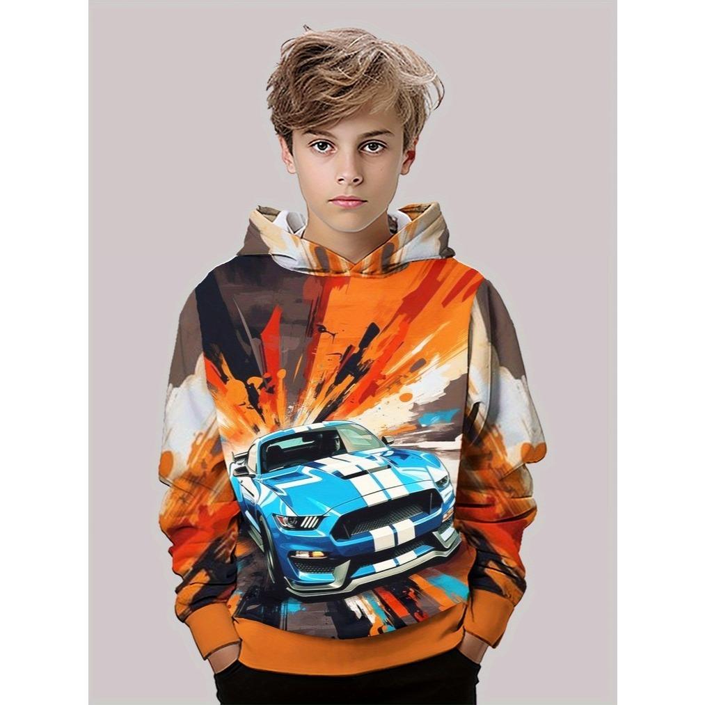 Boys' Street Sports Car Patterned Hoodie, Long Sleeved Pullover Casual Wear, Cartoon Fashion Style