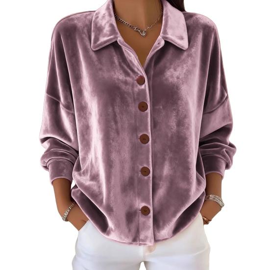 Women Shirt Lapel Long Sleeve Velvet Texture Solid Color Shirt Tops Loose Fit Buttons Placket Commuter Tops Work Wear