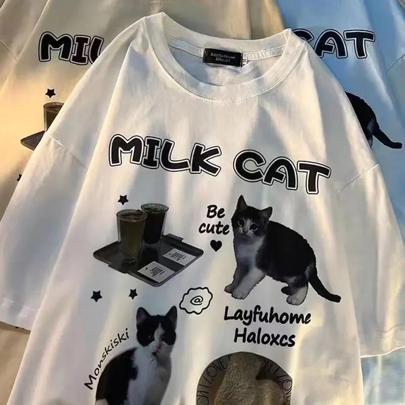 Harajuku Cute Cat Graphic Print T-shirt Summer T Shirt Y2k Women Streetwear Fashion Top Aesthetic Cheap Women Clothing Tshirts