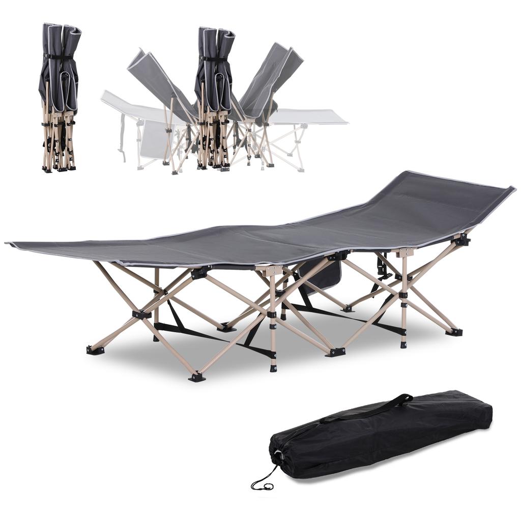 Single Steel Frame Portable Camping Cot, with Carry Bag - Grey