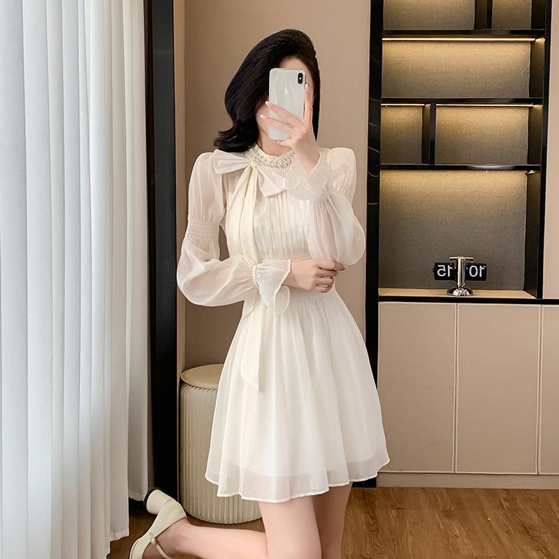 Real shot chic design sense long sleeve chiffon dress children waist temperament design sense small short skirt autumn