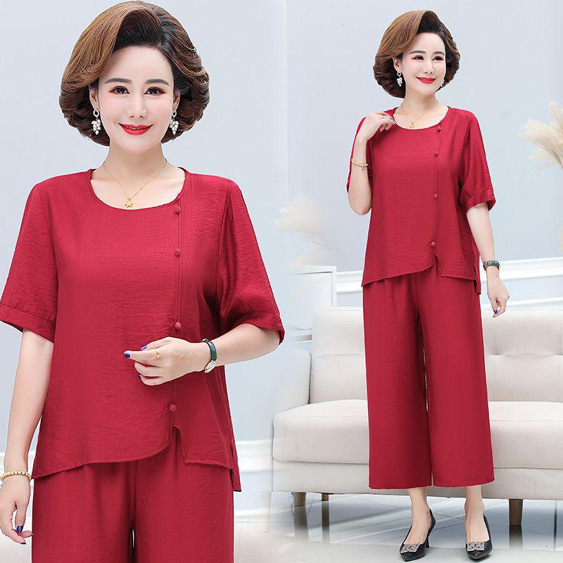 Stylish Plus Size Cotton Linen Summer Set for Middle-Aged Women: Short Sleeve T-Shirt & Two-Piece Outfit