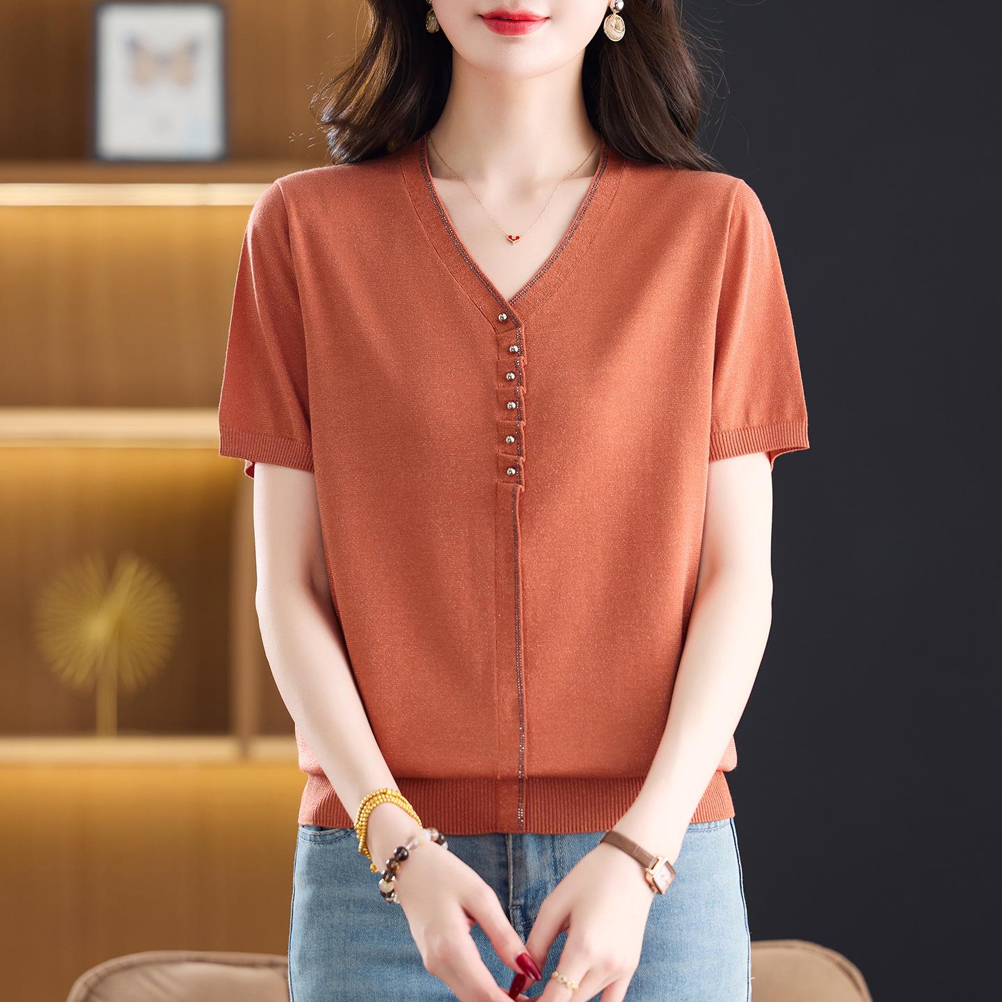 

Stylish Ice Silk Knit T-shirt for Middle-Aged & Elderly Women - Perfect for Weddings & Formal Events XL [Recommended up to 110 jin]