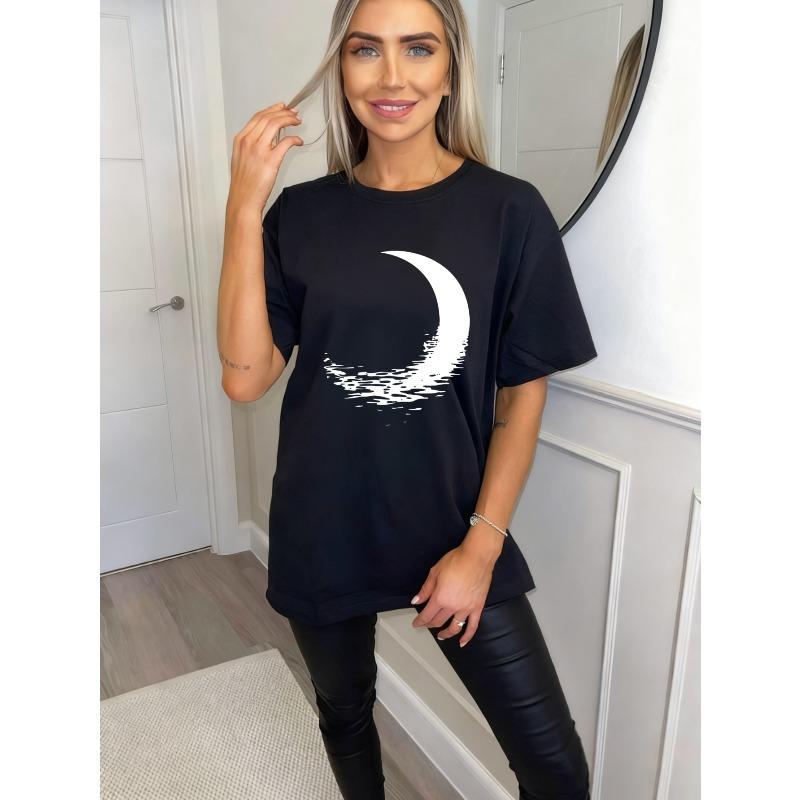 Black Oversized T Shirt With Crescent Moon Print For Casual Wear