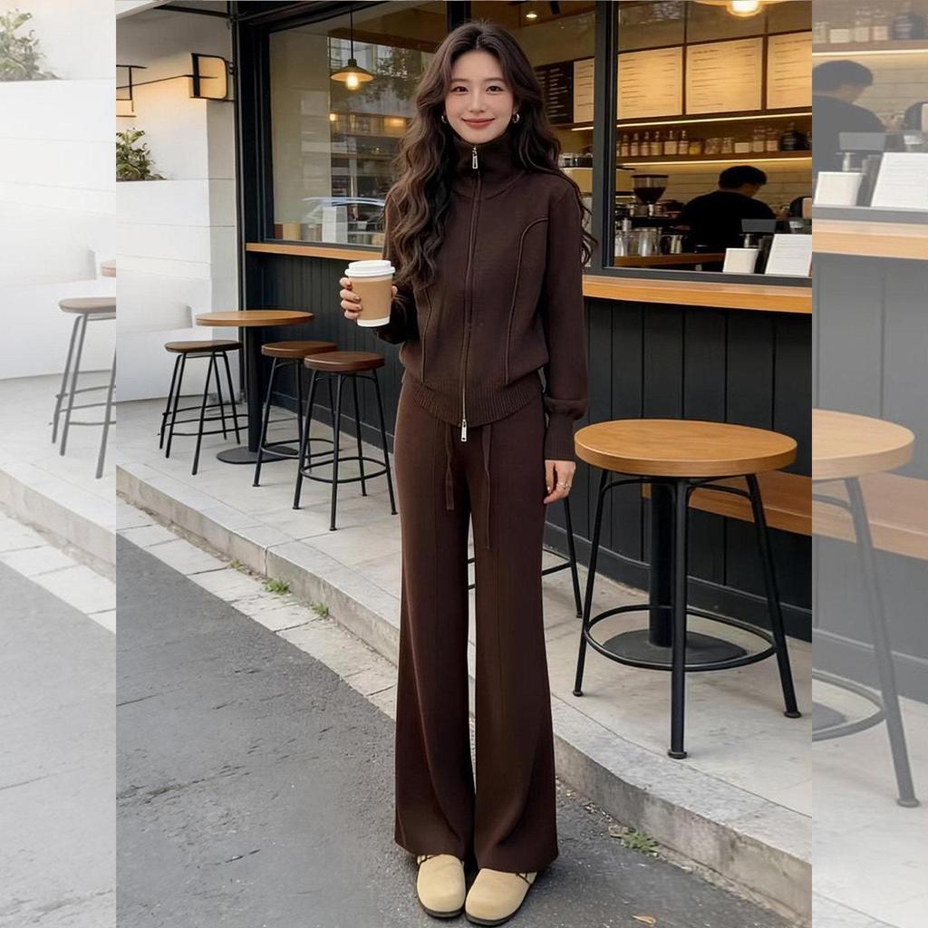 Korean Style Knit Sweater & Wide Leg Pants Set - Women's Spring/Autumn Slimming Hoodie Sportswear Two-Piece Set