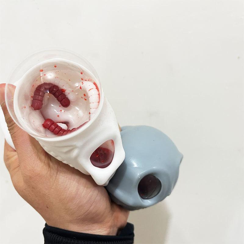 1/2Pcs Squeeze Skulls With Blood And Maggots Halloween Prank Toys Halloween Stress Balls Squeeze Skull Fidget Decompression Toy