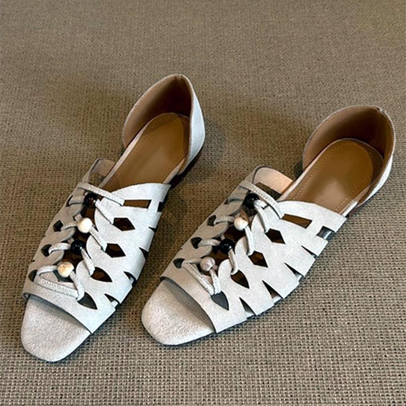 Fashion Fashion String Bead Decorative Hollow Out Flat Sandals Women Faux Suede Designer Shoes for Women Summer Casual Gladiator Sandals