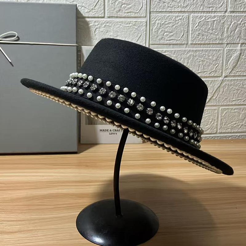 European Beautiful Woman New Autumn and Winter Imitation Woolen Hat Big Brim Jazz Top Hat Men's Flat Top Shape British Pearl Rhinestone Felt Hat