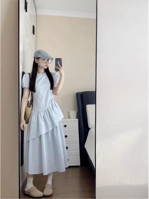 Korean Style Blue Puff Sleeve Drawstring Waist Dress for Women - Summer 2026 Collection