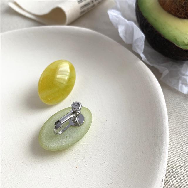 Korean Round Green Resin Stone Earrings Retro Fresh Green Acrylic Flower Geometric Square Clip On Earrings Without Piercing