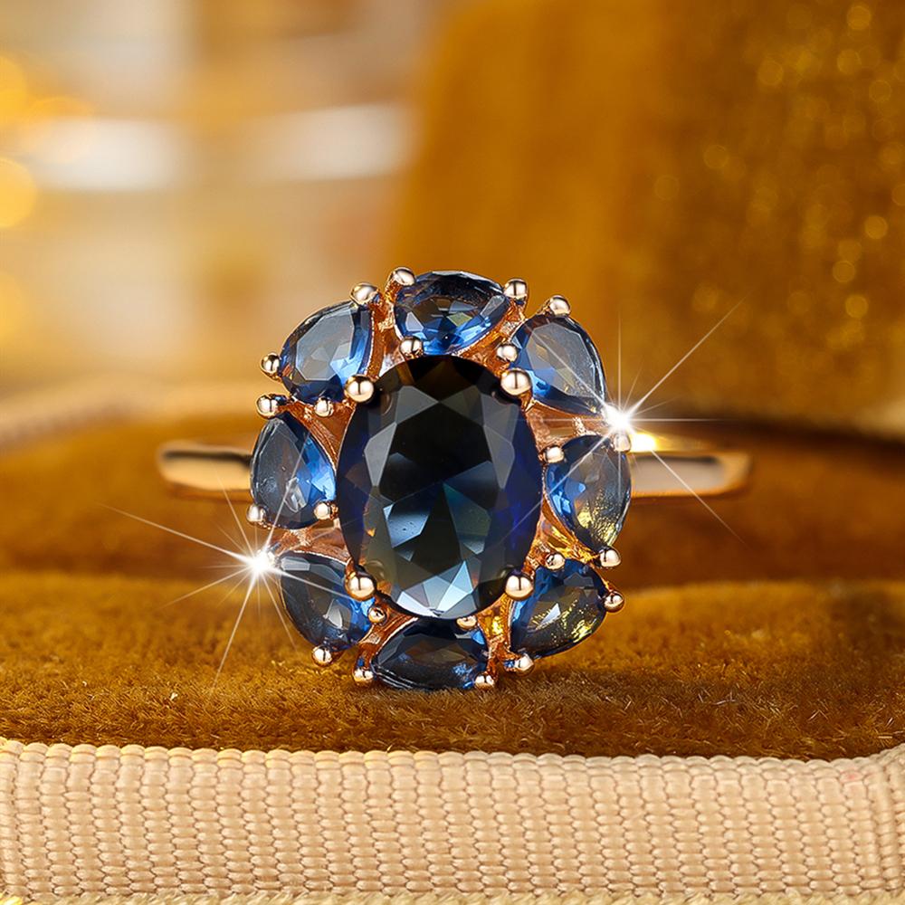 Vintage Oval Blue Crystal Flower Rings for Women Luxury Golden Ring Bride Wedding Jewelry Party Gift