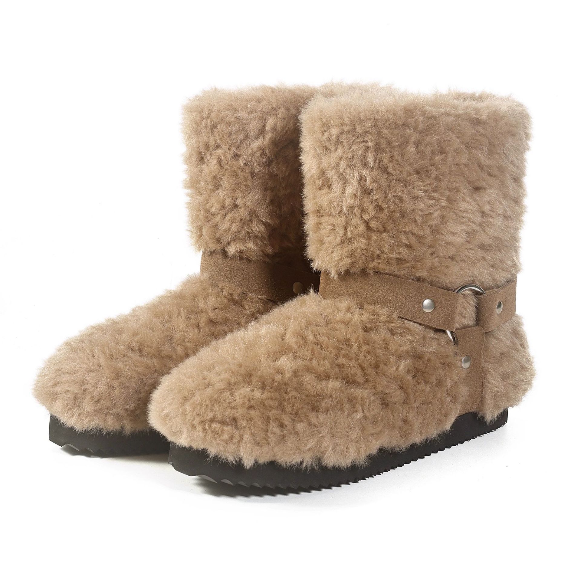 

Real hair round head fleece warm snow boots women s new belt buckle non-slip warm wool cotton boots 40 коричневий