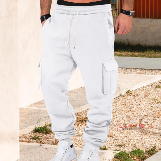 Men Cargo Pants Mid-rise Adjustable Waist Drawstring Casual Trousers with Reinforced Pockets Versatile Casual Wear