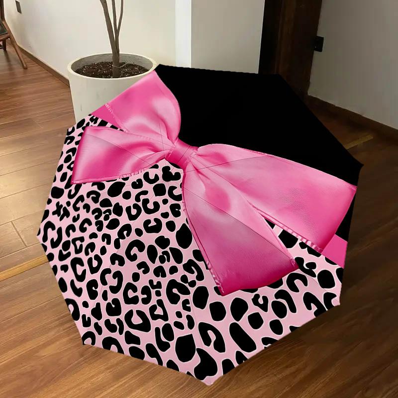1PC Pink Leopard Print Bow Umbrella-8-Rib Reinforced, Automatic Open, Lightweight & Durable, Fashion Accessory for Outdoor, H0365