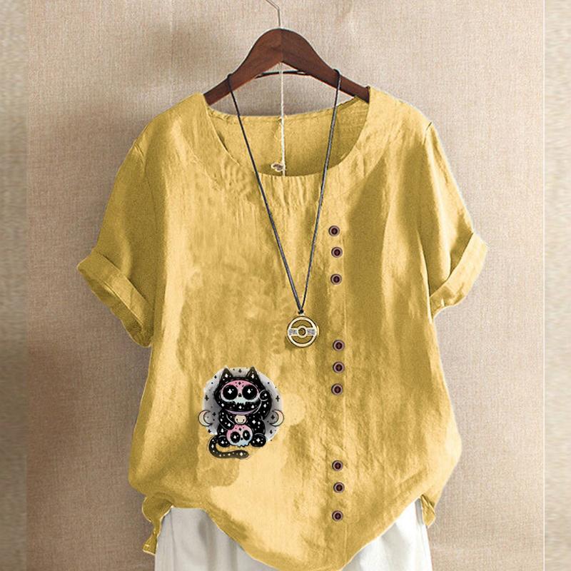 Women's Fashion Round Neck Short Sleeve T-shirt Casual Cotton Linen Graphic Shirt Cartoon Characters Prined Summer Blouse Tops Plus Size