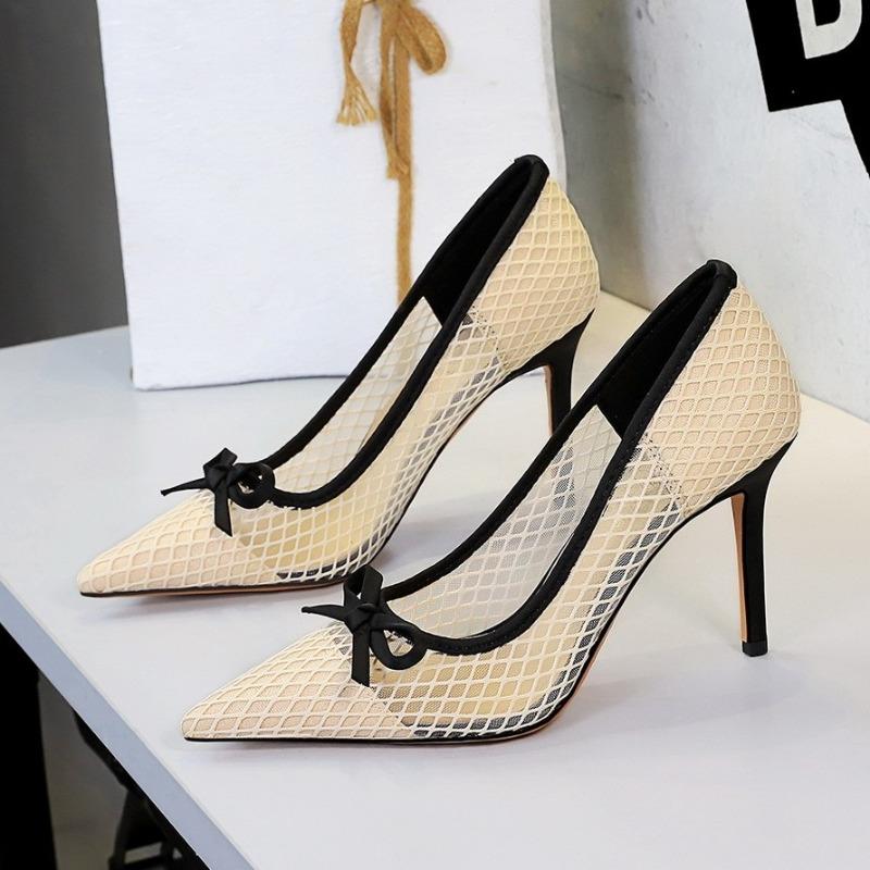 

Sexy Hollow Out Mesh Office Party Women Pumps Pointed Toe Bowknot Dress Stiletto Chic Female High Heels Shoes 35