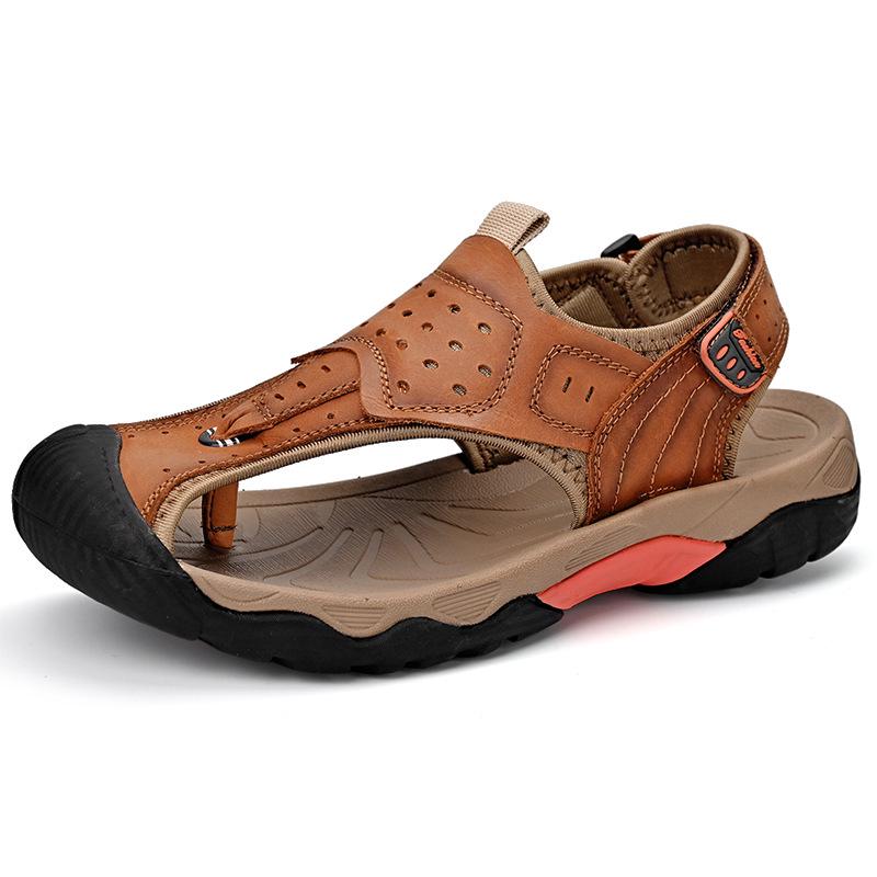 Men s Genuine Leather Hand-Stitched Toe Cap Beach Sandals 46