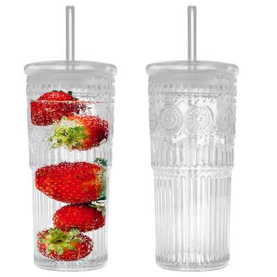 2PCS All Glass Iced Coffee Cup with Lids and Straws, 17/20oz High Borosilicate Glass Tumbler for Water, Smoothie, Juice Drink
