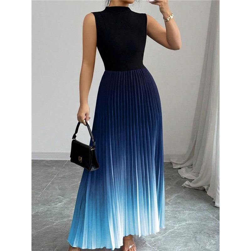 Платье без рукавов с круглым вырезом и градиентной расцветкой, длинная юбка, корейский стиль, повседневная мода, удобное, для отдыха, платье с градиентной расцветкой 2XL синий
