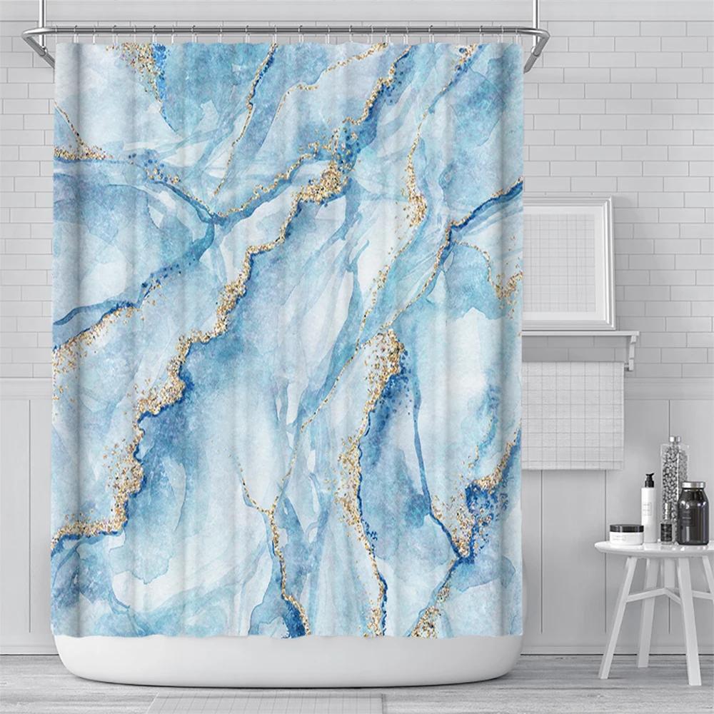 Abstract Navy Blue Gold Marble Shower Curtain Modern Luxury Golden Cracked Lines Fabric Bathroom Curtain Fashion Decor With Hook