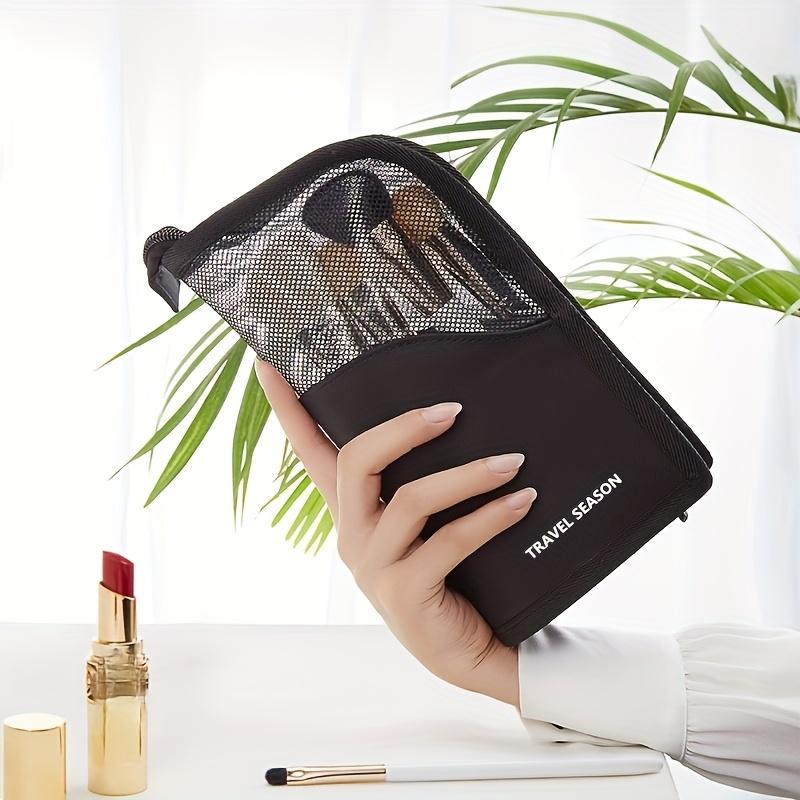1 bolsa organizadora de brochas de maquillaje de alta capacidad con soporte para mujer - Portátil, Duradera con Bolsillo de Malla, Diseño de Temporada de Viaje Negro, Fácil de Usar
