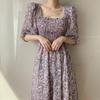 2023 Summer Korean Square Neck Floral Chiffon Dress - Ruched High Waist with Puff Sleeves