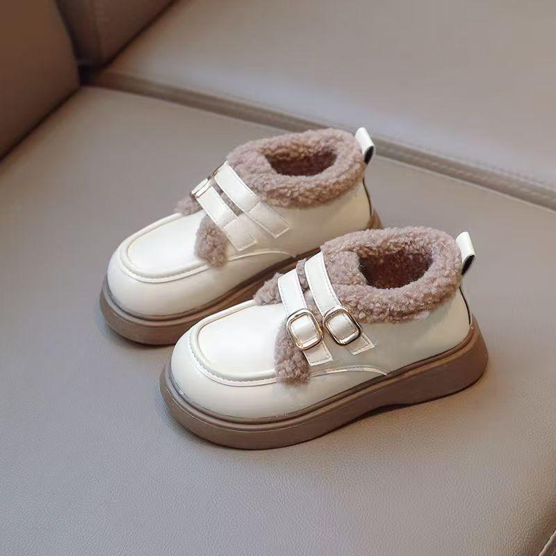 Girls' Cotton Fleece Princess Shoes - 2025 Autumn/Winter British Style, Warm & Thickened Soft Sole Leather Shoes