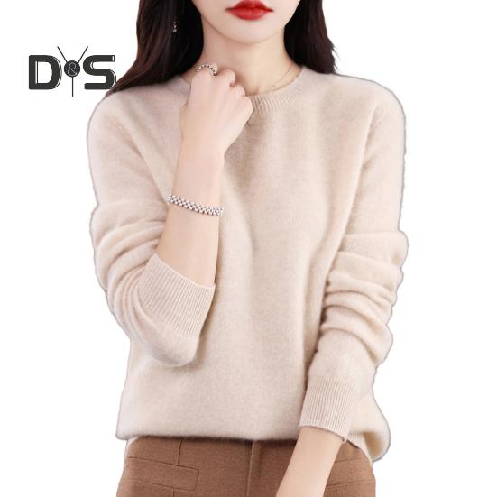 Women Bottoming Sweater Imitation Cashmere Crew Neck Sweater Long Sleeve Solid Color Slim Fit Ribbed Trim Knitting Tops
