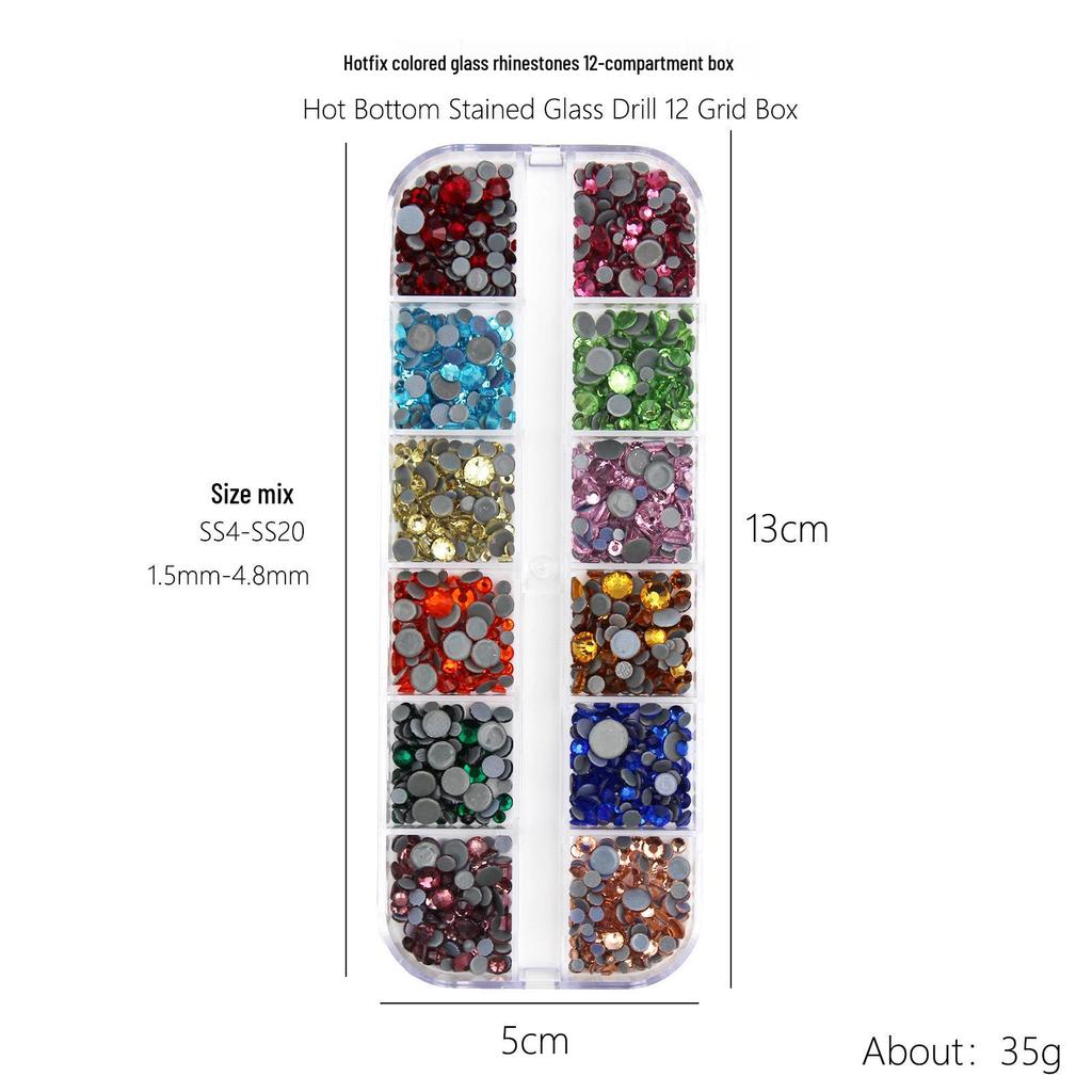 12-Fächer Strasssteine Set für Nagelkunst: Farbige Glas- & AB Irisierende Varianten mit flachem und spitzem Boden