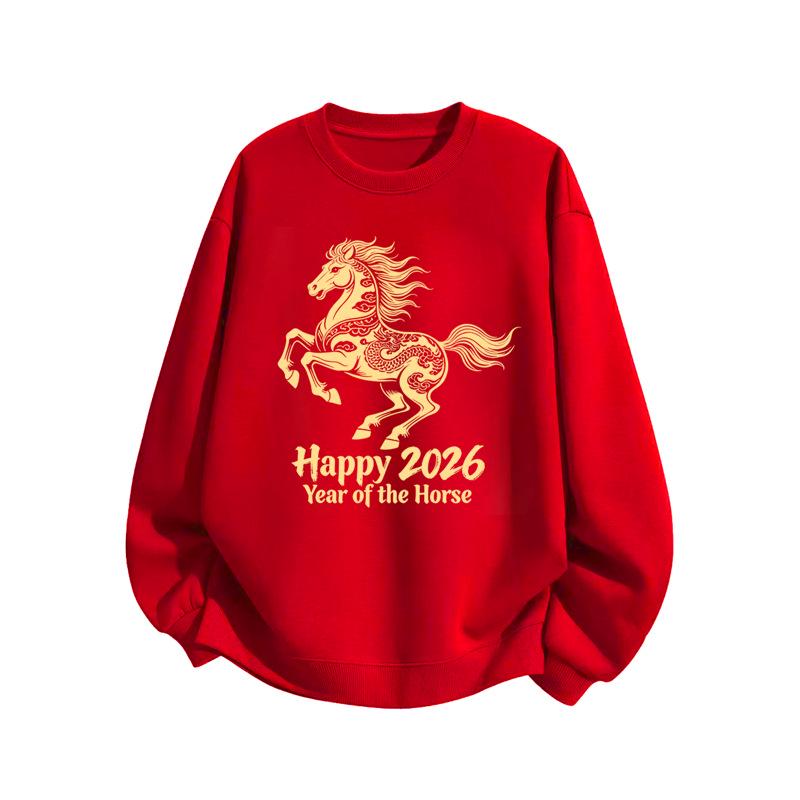 Women's 2026 Year of the Horse Red Round Neck Fleece-Lined Hoodie - Loose Fit, Autumn/Winter Edition