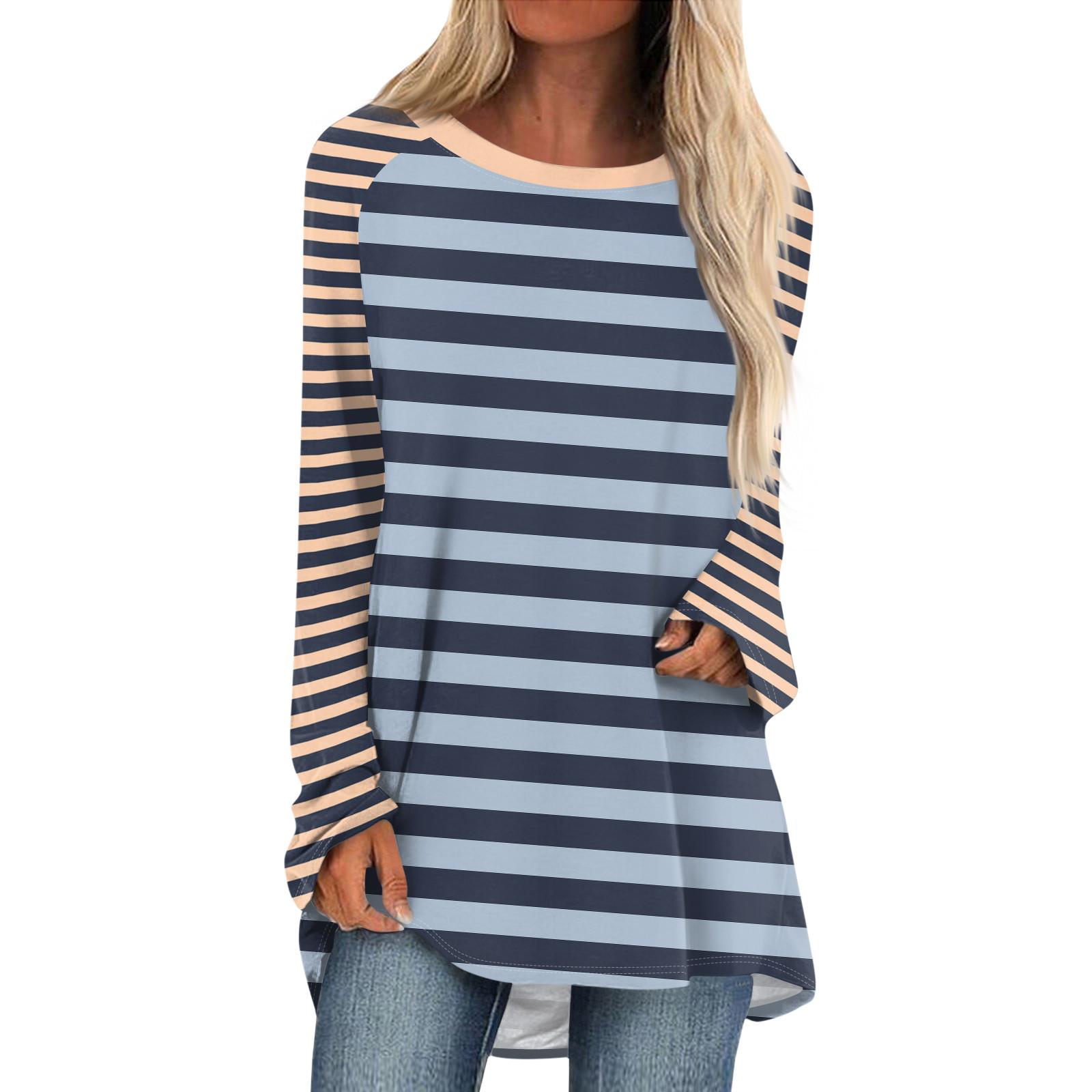 

Женская мода повседневная спущенная линия плеча с длинным рукавом миди полосатый принт топ L