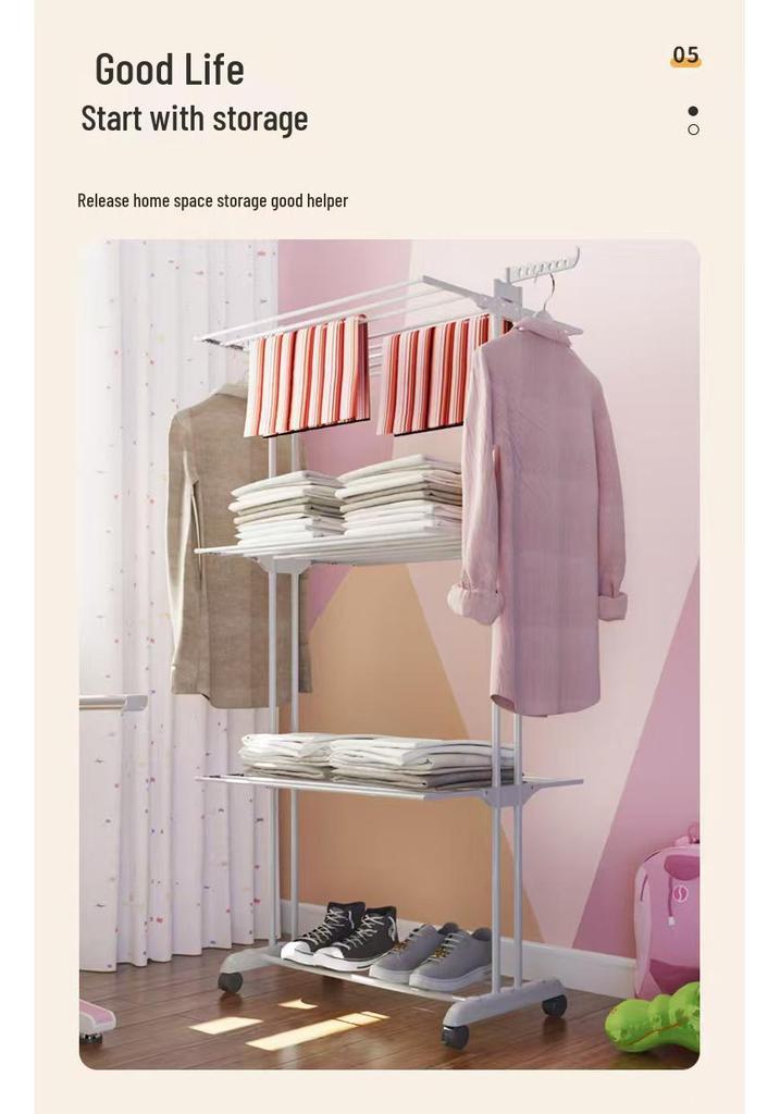 Dual Rod Folding Wing-shaped Clothes Rack: Floor-standing, Multi-functional, Movable, and Foldable
