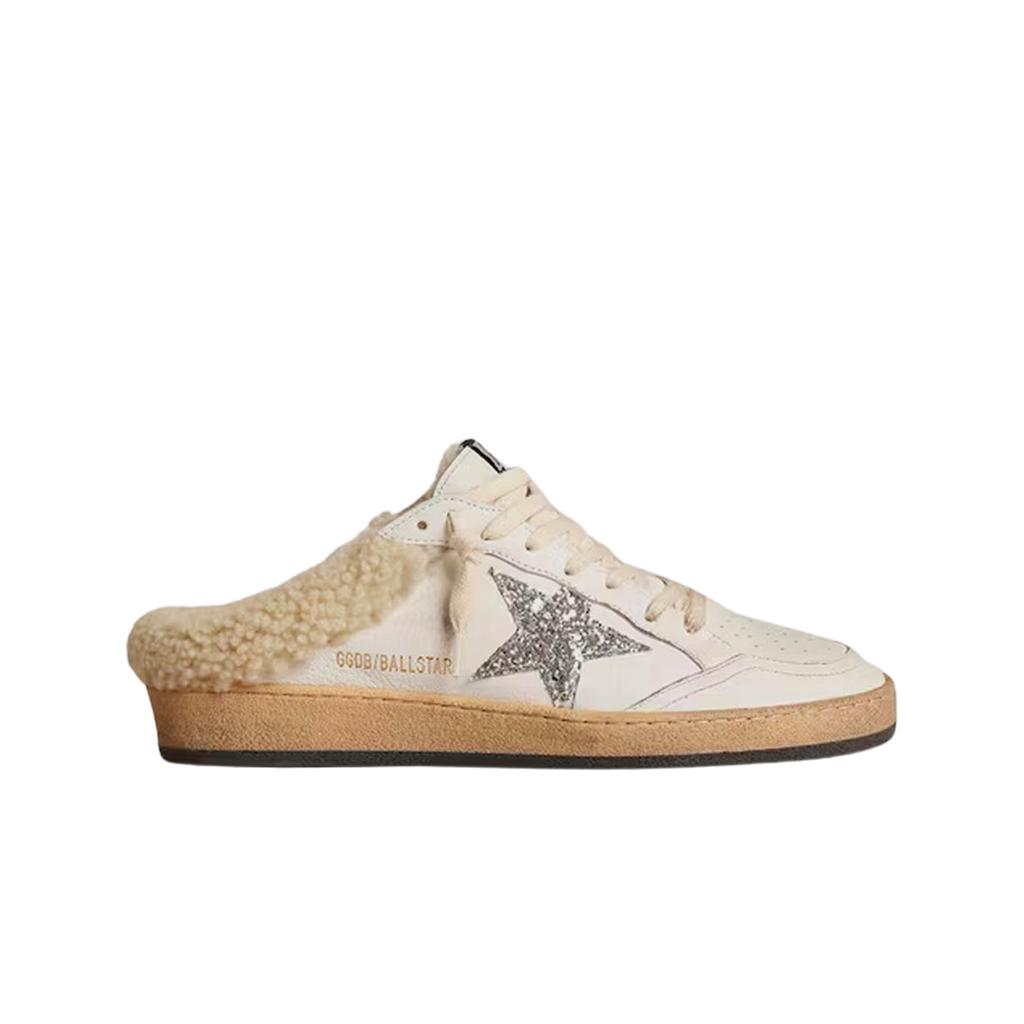(w) Golden Goose Ball Star Sabots With Silver Glitter Star And Cream Shearling Lining