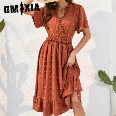 V-Ausschnitt, hohe Taille, Kleid zum Binden, Haarballen, kurzärmeliges Kleid, lässige Urlaubsreisekleider